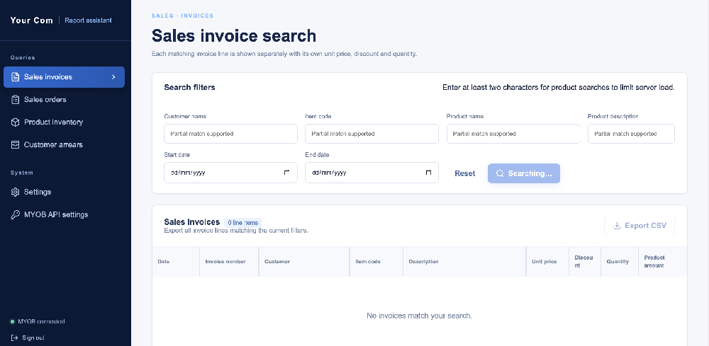 Insight MYOB sales invoice search with customer and product filters and invoice line results