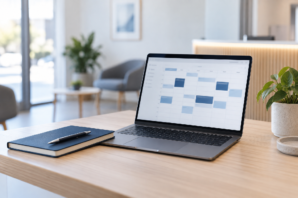 Illustrative reception workspace with a laptop showing a calendar