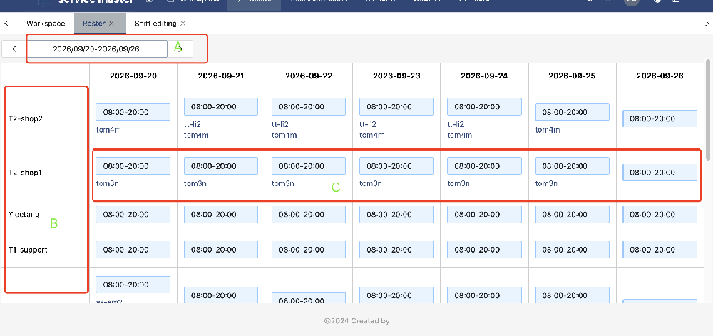 1789886306169816.png StrongInfo weekly roster showing the date selector, store list and employees scheduled for each day.