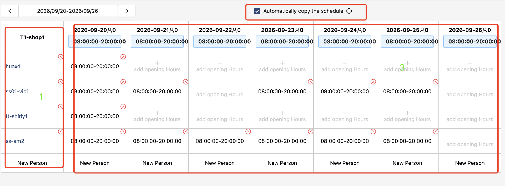 1789886324119313.png StrongInfo shift editor showing employees, daily working hours and the automatic weekly schedule copying option.